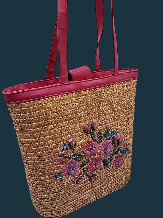 White Stag Handbags - Vintage White Stag Flower Embroidered Straw Tote Bag Fuchsia Trim Y2K Boho